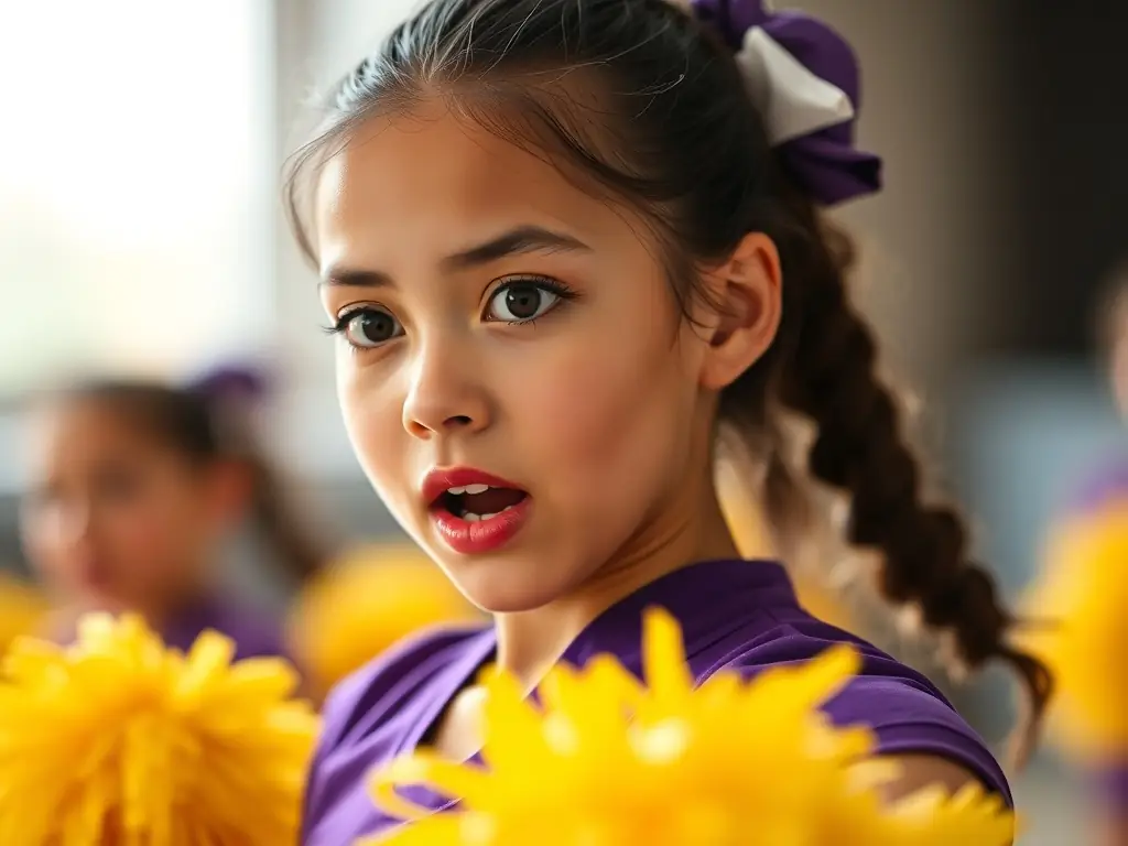 A close-up shot of a performer expressing emotion through a dance routine with pompons, highlighting artistic expression.