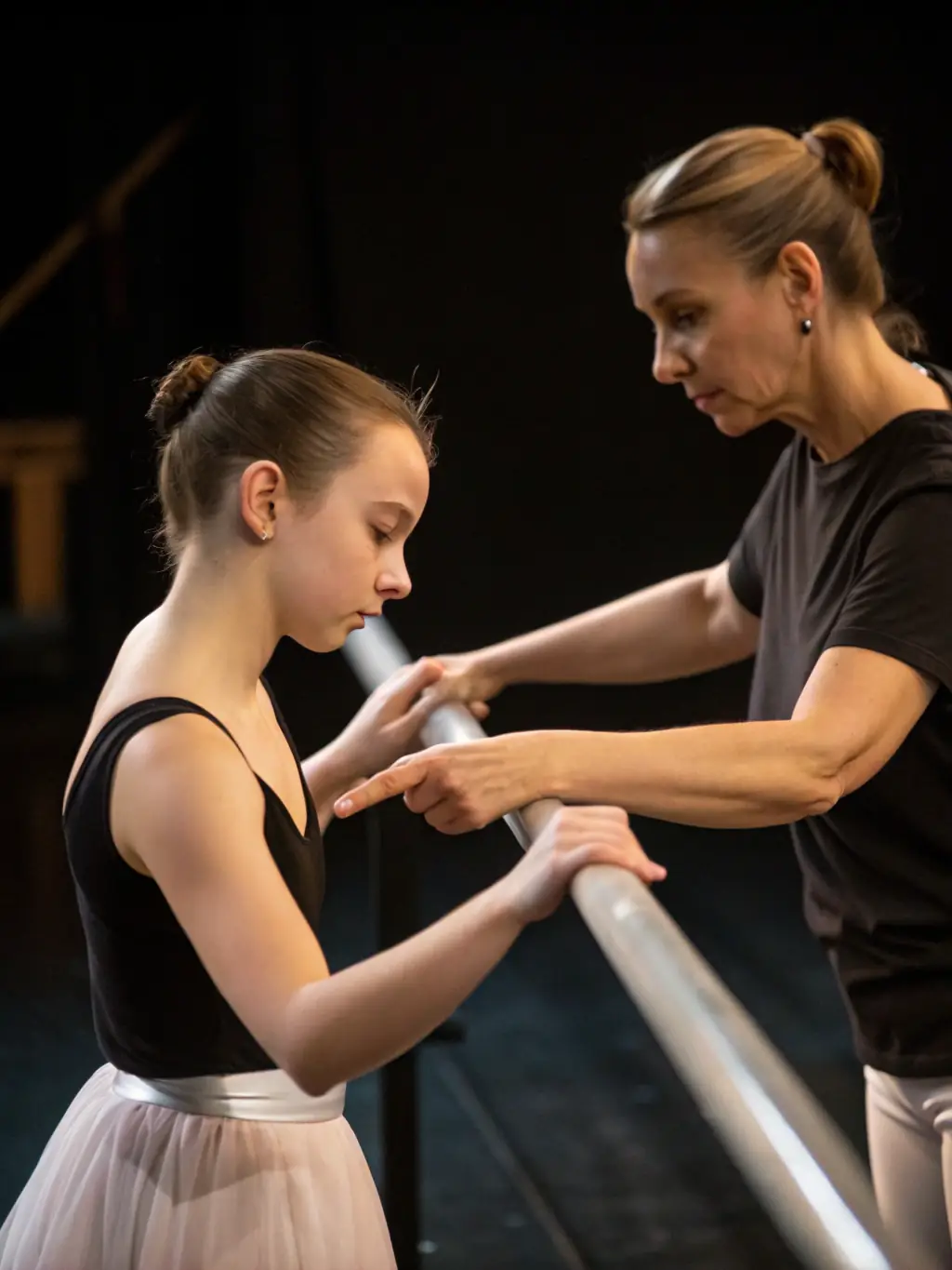 A photo of a twirling baton instructor guiding a student, emphasizing personalized attention and skill development in a supportive environment.